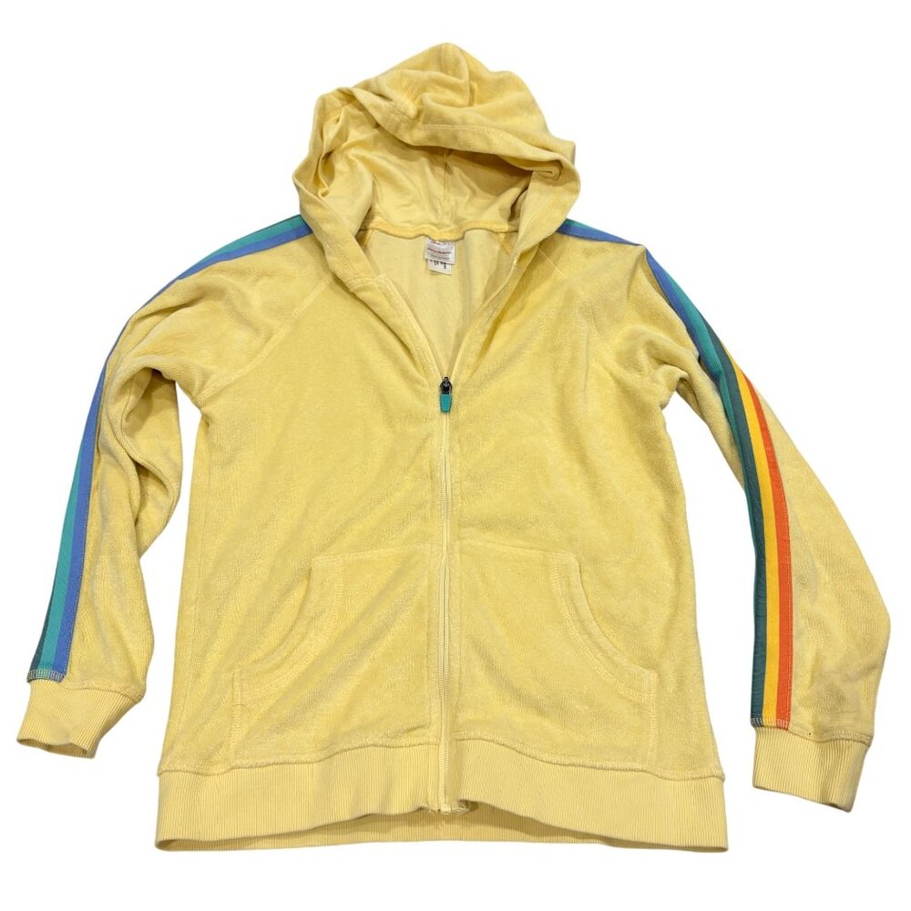 Hanna Andersson Y2K Girls Yellow Terry Hoodie W/ Rainbow Stripes 12